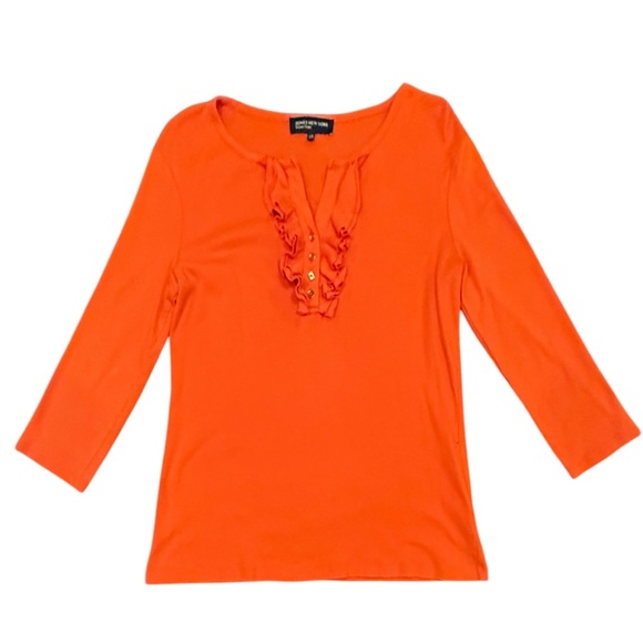 Jones New York Orange and Gold Button Ruffle Neck 3/4 Sleeve Top Size Large - Picture 1 of 8